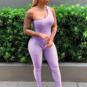 Sporty Solid Inclined Shoulder NUDE Jumpsuit